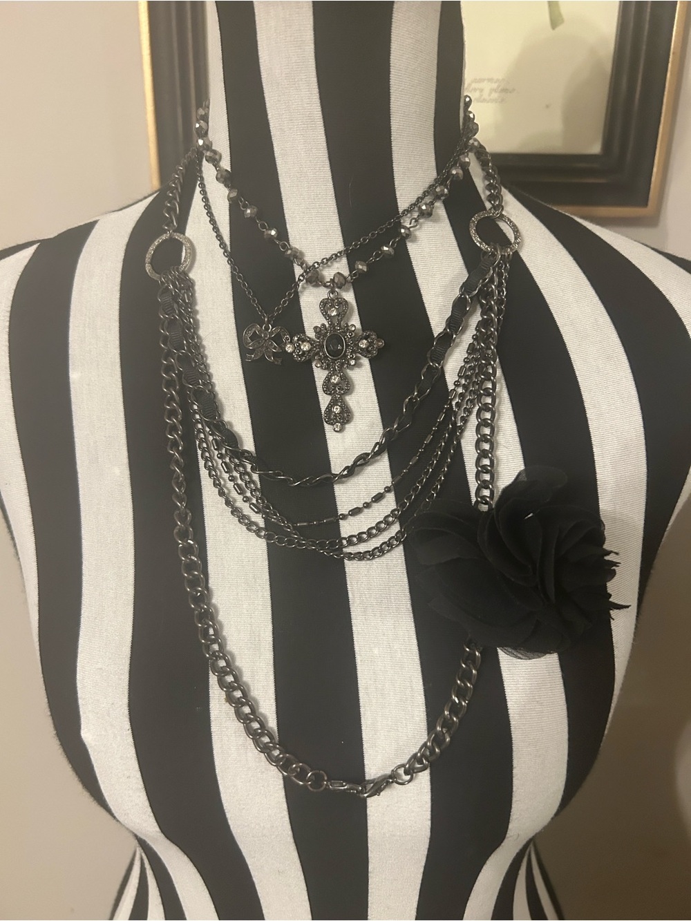 Vintage 2 Black Multi-Layer Cross and Flower Necklace set